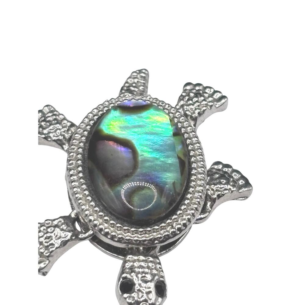 Turtle Pendant Necklace Iridescent Abalone Shell Silver Tone Boho Coastal - Picture 3 of 6